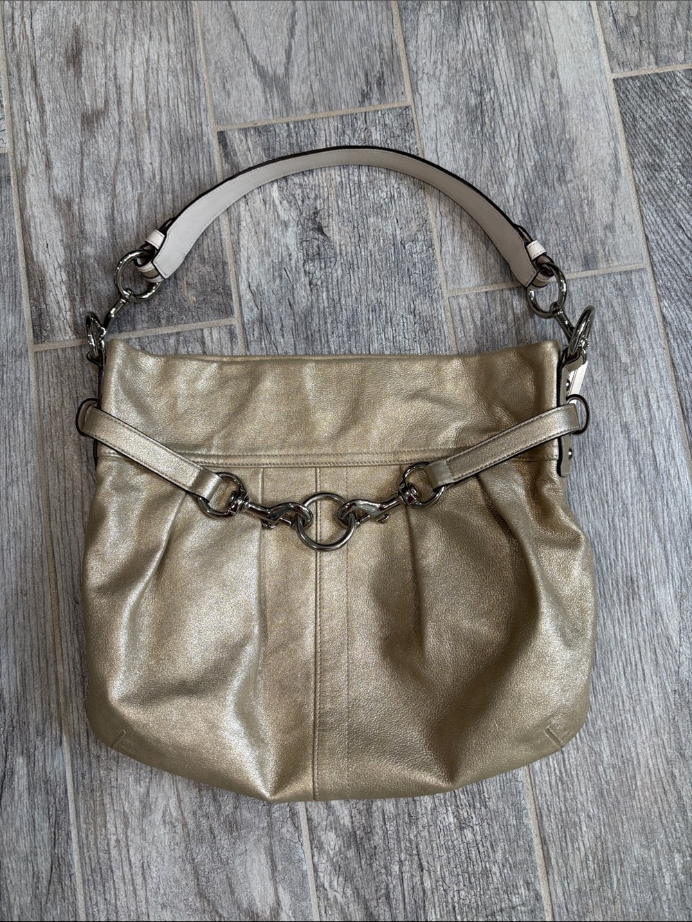Coach Gold Suede Shoulder Bag with Dog Leash Detail